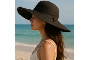 Wide Brim Braded Paper Straw Hat w/ Frill - Black - HT-ST255BK